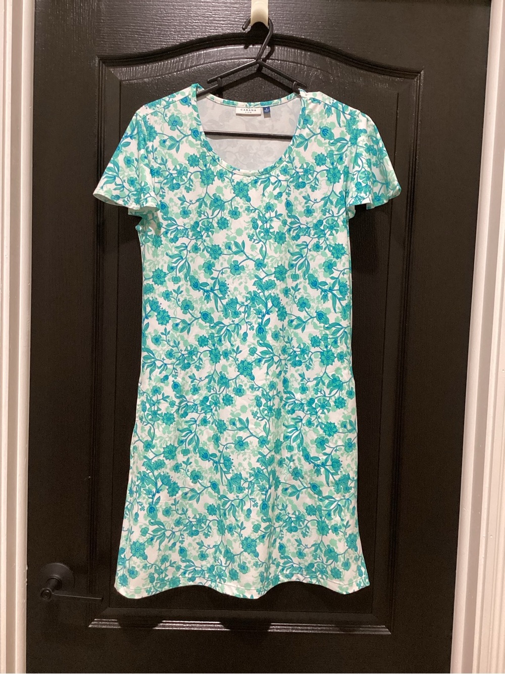 Cabana Life Floral Scoop Neck Short Bell  Sleeve Dress - Teal/White
